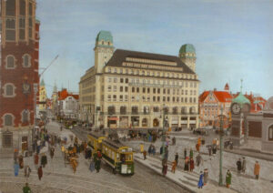 Handelshof Künstlerkarte, gemaltes Straßenbild mit Menschen und Straßenbahn, vor dem Handelshof in Essen. Farbige Darstellung