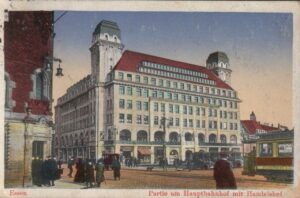 Blick auf den Handelshof in Essen um 1920 colorierte Postkarte