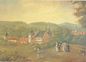 Schloss Borbeck um 1800 mit Personen, die im Vordergrund ses Schlosses spazieren gehen.
