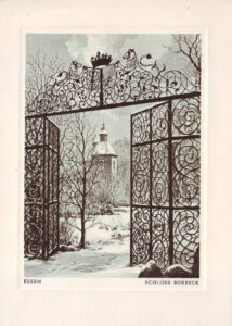 Blick auf Schloß Borbeck im Winter durch das geschmiedete Eingangstor